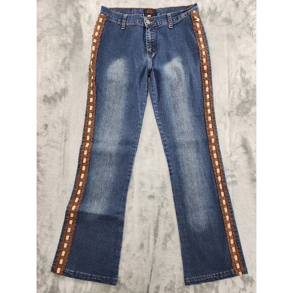 Vintage KUL USA Ribbon Lace Side Detail Mid Rise Flare Jeans Size 11 Blue Brown - Picture 1 of 14